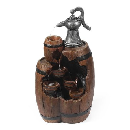LUXEN HOME Polyresin Water Pump and Large Whiskey-Barrel Patio Fountain WHF834
